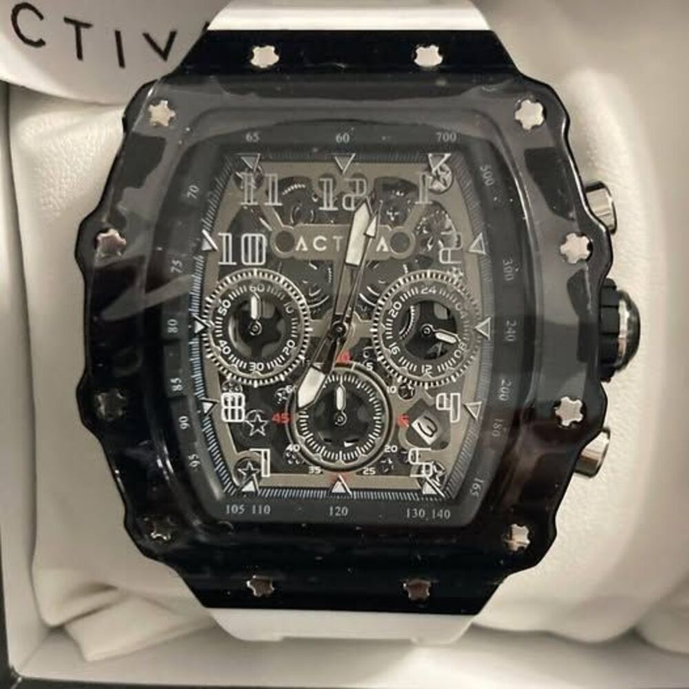Activa Watch w/ Skeleton Dial 44.3mm, White strap black face (ACW2305-018)